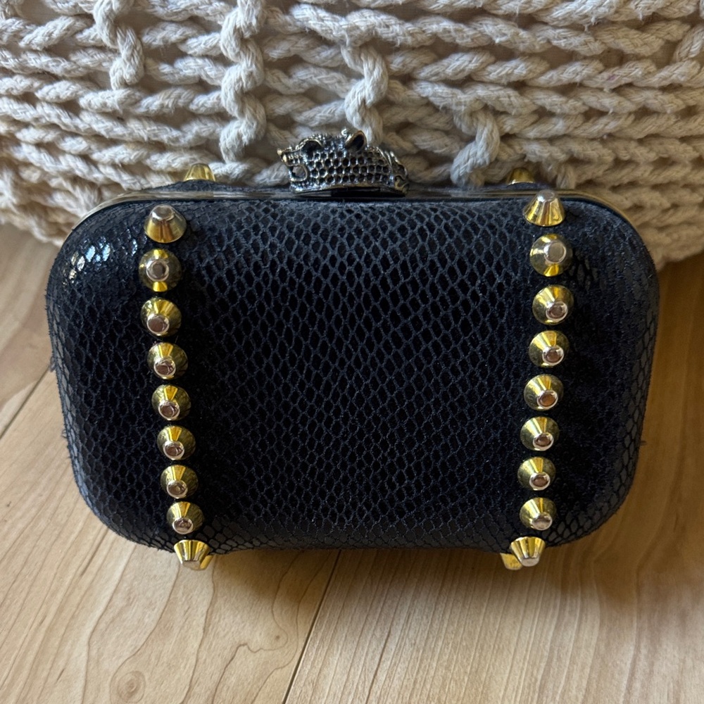 House of Harlow 1960 Black Snake-Embossed Clutch with Gold Studs